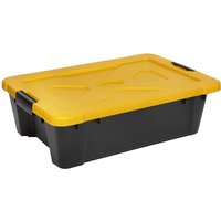 Black Sealey stackable storage box with a yellow lid and side handles.