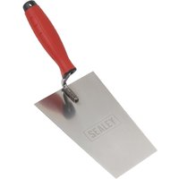 Sealey stainless steel bucket trowel with red ergonomic handle and engraved logo on the blade.