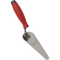 Stainless steel narrow gauging trowel with red ergonomic handle and pointed blade engraved with Sealey logo.