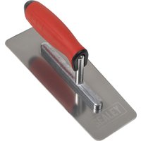 Sealey stainless steel Venetian plastering trowel with red ergonomic handle and flat rectangular blade.