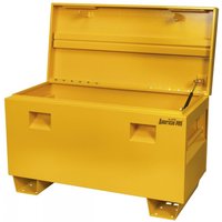 Yellow Sealey truck box with open lid, rectangular shape, side handles, and sturdy base.