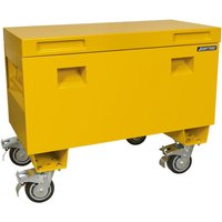 Yellow Sealey truck box with wheel kit, rectangular shape, two handles, and four swivel caster wheels.