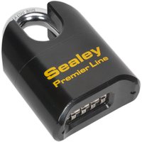 Black Sealey steel combination padlock with shrouded shackle and yellow branding on the body.