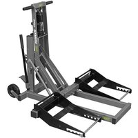 Sealey STML340 hydraulic mower lift, gray with black support arms, wheels, and a foot pedal for easy lifting.