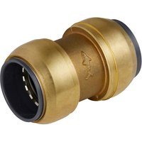 Brass Sealey straight connector with black inner rings for SharkBite Speedfit systems.