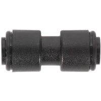 Black Sealey straight coupling for John Guest Speedfit systems, cylindrical with textured surface and push-fit ends.