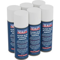 Sealey Super Glue Activating Aerosol Spray, blue can with white cap and red Sealey logo, set of six cans.