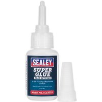White Sealey Super Glue bottle with blue label and red accents, fast setting, includes a detachable nozzle cap.