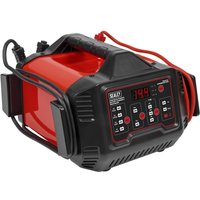 Red and black Sealey SUPERBOOST150D battery charger with digital display, control panel, and attached cables.