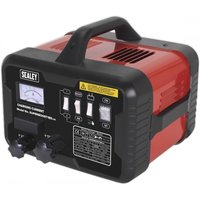 Red and black Sealey SUPERBOOST180 starter/charger with handle, control panel, and voltage settings display.