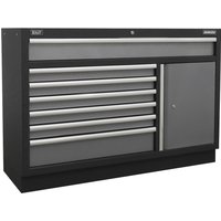 Black and gray Sealey Superline 7-drawer floor cabinet with side door and sleek metal handles.
