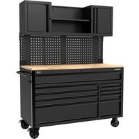 Black Sealey Superline Pro workstation with 10 drawers, wooden top, pegboard back, upper cabinets, and caster wheels.
