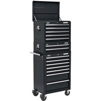 Black Sealey 14 drawer roller cabinet with mid box and top tool chest, featuring silver handles and caster wheels.