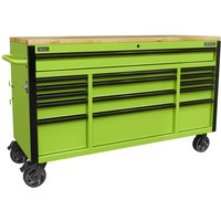 Green Sealey 15-drawer roller cabinet with wooden worktop, black handles, and heavy-duty caster wheels.