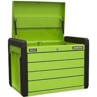Green Sealey tool chest with four drawers, push-to-open mechanism, black corner protectors, and an open top lid.