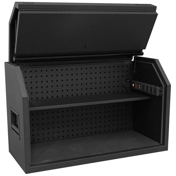 Black toolbox hutch with a hinged lid, featuring a power strip, pegboard back for tool organization, and a spacious interior with one shelf for storage.