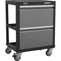 Black and gray Sealey Superline Pro trolley with two drawers, open shelf, and four swivel casters.