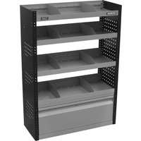 Black and grey metal van storage system with four flat shelves and perforated side panels.