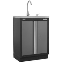 Sealey Superline Pro MSS sink unit with grey cabinet, dual doors, and a curved faucet.