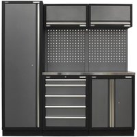 Sealey Superline Pro MSS storage combo with stainless steel worktop, tall cabinet, drawers, and pegboard back.