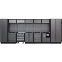 Sealey Superline Pro MSS storage system with stainless steel worktop, multiple cabinets, drawers, and pegboard.