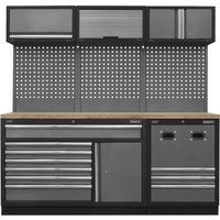 Sealey Superline Pro MSS storage combo with wood worktop, black frame, grey cabinets, and perforated metal backboard.