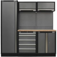 Black and gray storage system with wood worktop, tall cabinet, drawers, and pegboard by Sealey Superline Pro MSS.