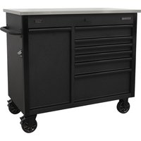 Black Sealey Superline Pro roller cabinet with power tool charging station, multiple drawers, and caster wheels.