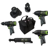 Sealey cordless tool kit with drill, driver, ratchet, charger, battery, and black carrying bag, accented in green and black.