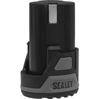 Black Sealey SV108 10.8v Li-Ion battery with 2ah capacity, compact cylindrical shape, and Sealey logo on base.
