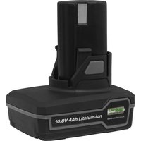Black Sealey SV108 10.8v Li-Ion battery, 4ah capacity, with green label and gray accents on the base.