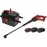 Red and black Sealey cordless car cleaning kit with a pressure washer, vacuum, and two 20v batteries.