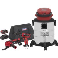 Sealey SV20 20v cordless tool kit with red drill, impact driver, vacuum, two batteries, and black carrying bag.