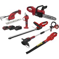 Red Sealey cordless garden tool kit with chainsaw, hedge trimmer, blower, grass trimmer, pruner, and batteries.