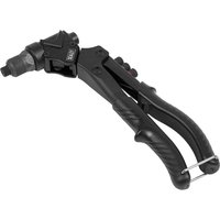 "Black Sealey swivel head riveter with ergonomic handles and adjustable head, includes assorted rivets kit"
