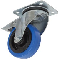 Swivel plate castor with blue elastic wheel, silver metal bracket, and total lock mechanism.