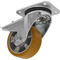 Sealey swivel plate castor with total lock, silver metal frame, and orange polyurethane wheel.
