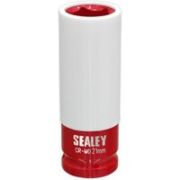White and red Sealey alloy wheel impact socket, 21mm, 1/2in square drive, with protective sleeve and branding.