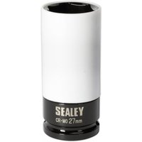 Sealey SX03027 alloy wheel impact socket, 27mm, 1/2in square drive, white body with black base and Sealey branding.