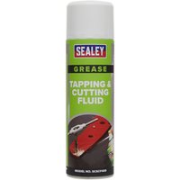 Sealey Tapping and Cutting Fluid spray can with green label and red metal cutting tool graphic.
