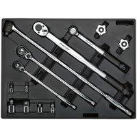 Black tool tray with silver breaker bars, ratchets, and socket adaptors, featuring Sealey branding.