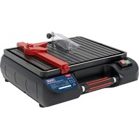 Black Sealey TC115 portable tile cutter with red guide arm and clear blade guard on a compact base.
