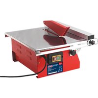 Red Sealey TC180 tile saw with stainless steel table, adjustable guide, and power switch on the front panel.