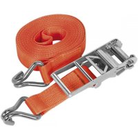 Orange Sealey ratchet strap with metal hooks and buckle, 75mm wide, 10m long, 10000kg breaking strength.