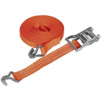 Orange Sealey ratchet strap, 35mm x 6m, with metal hooks and buckle, 2000kg breaking strength, polyester webbing.