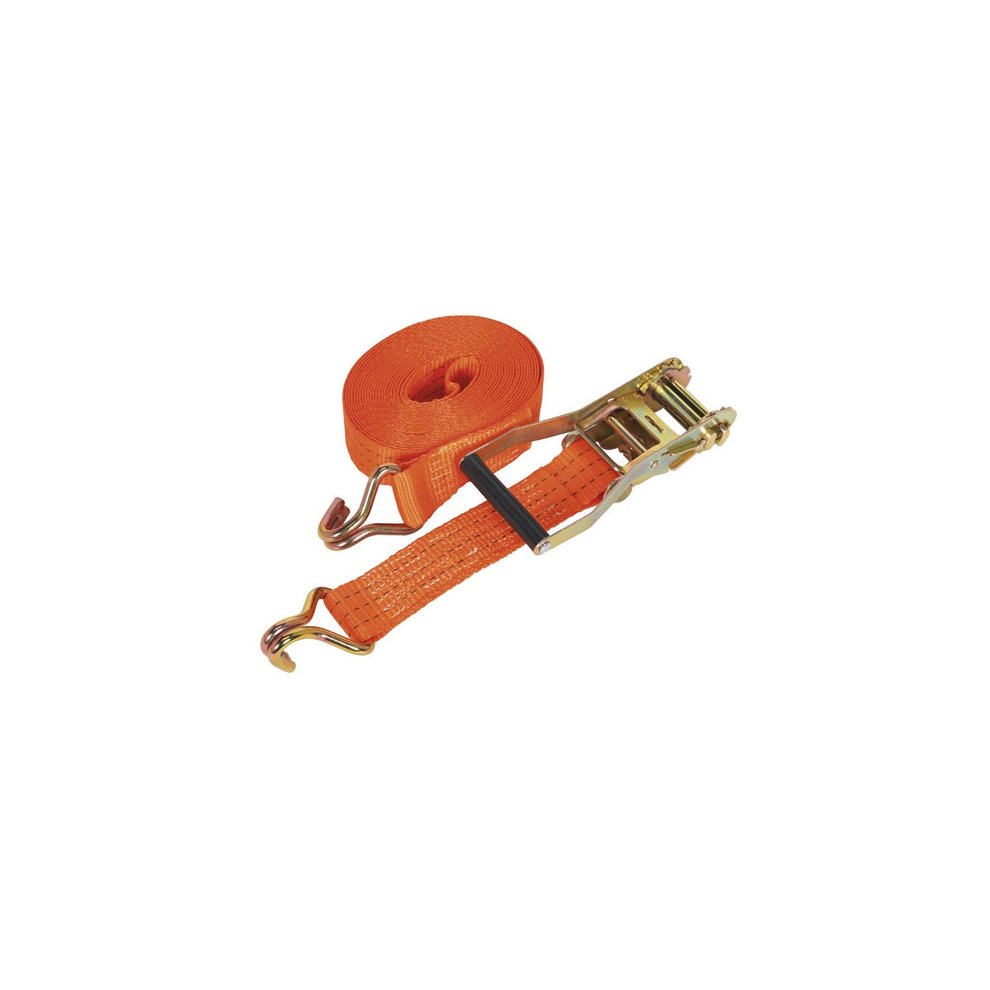 Orange polyester webbing ratchet tie down, 50mm wide and 10m long, featuring a metal ratchet mechanism and hooks for secure fastening.