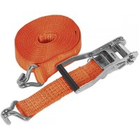 Orange Sealey ratchet strap with metal hooks and ratchet mechanism, 50mm wide, 10m long, 5000kg breaking strength.