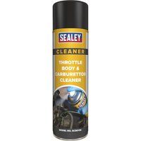 Black and gold Sealey Throttle Body and Carburettor Cleaner spray can with red and blue logo.