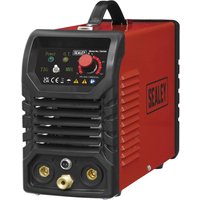 Red and black Sealey TIG130 inverter welder with control panel, handle, and dual connectors on the front.