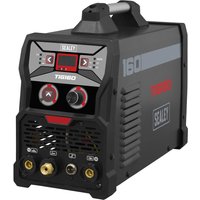 Black Sealey TIG160 inverter welder with digital display, control knobs, and branded front panel.
